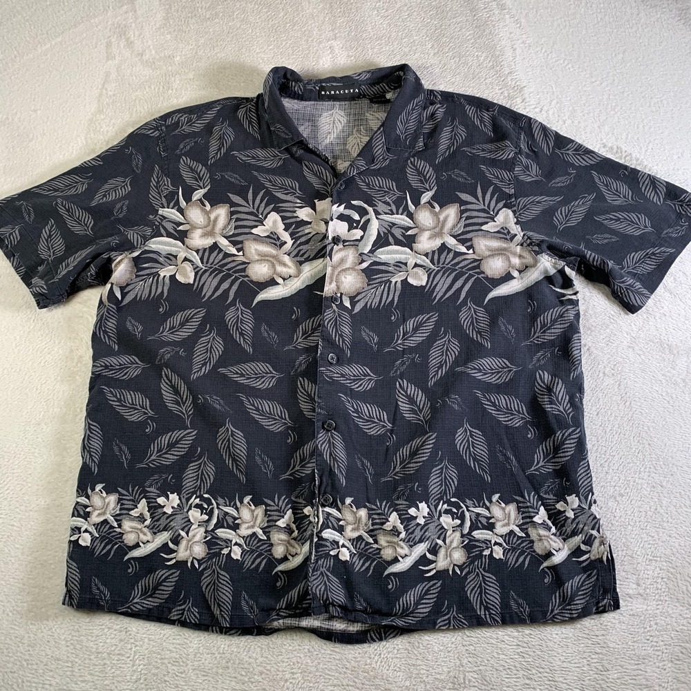 Baracuta Shirt Mens XL Black Floral Hawaiian 100% Silk Short‎ Sleeve Beach